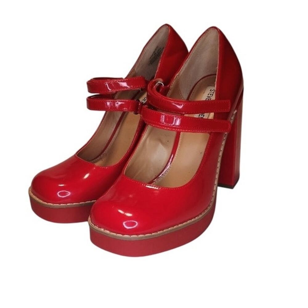 Steve Madden Twice Patent Red Platform Mary Jane Block Heels Double strap 9m - Picture 12 of 16
